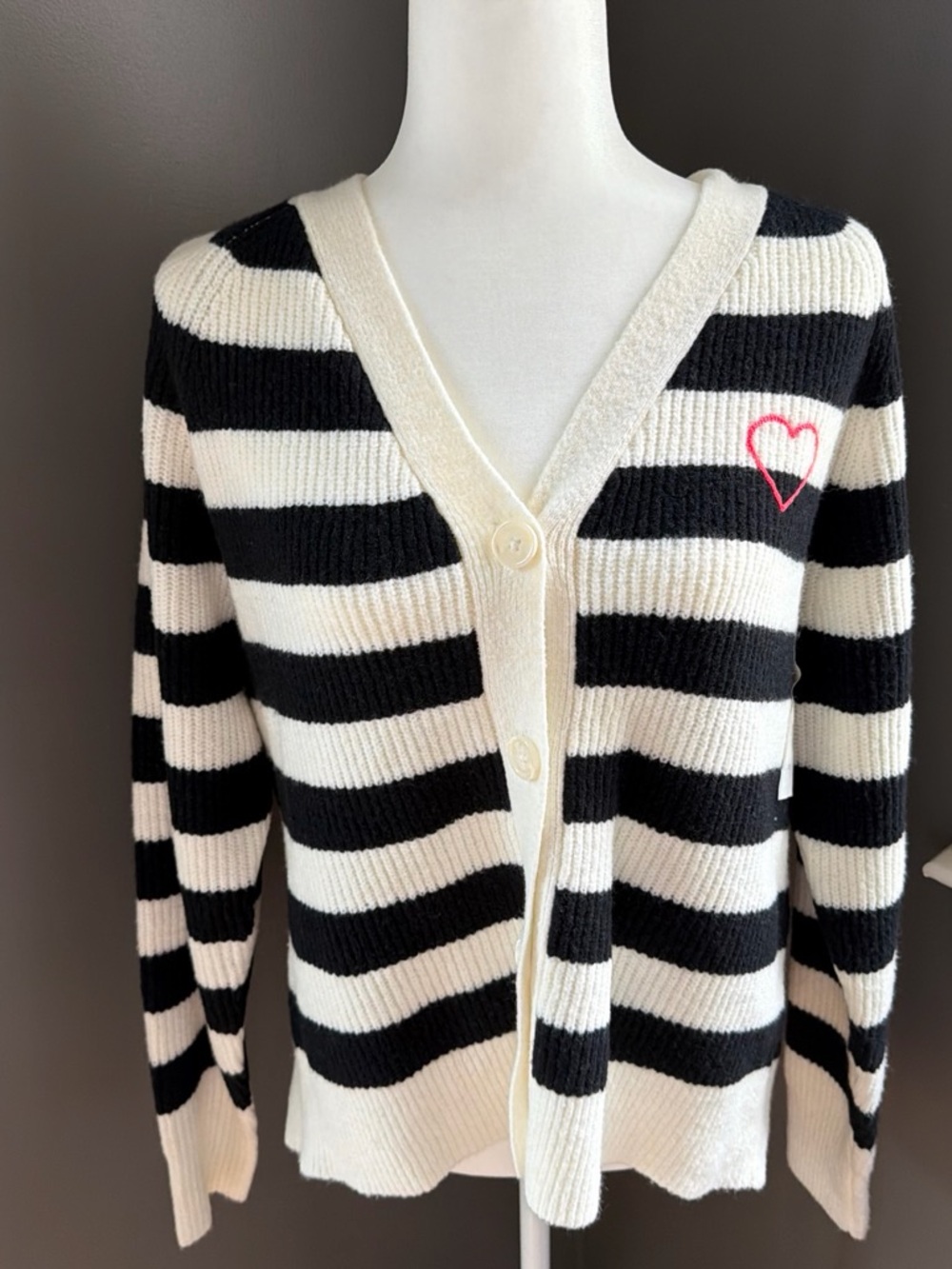 a new day Black and Cream Striped V-Neck Cardigan with Pink Heart Accent